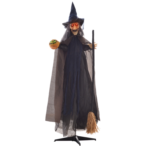 HOMCOM  6.2' Life Size Outdoor Halloween Decoration Animatronic Witch w Broomstick, Sound And Motion Activated, Animated Prop w Light Up Eyes