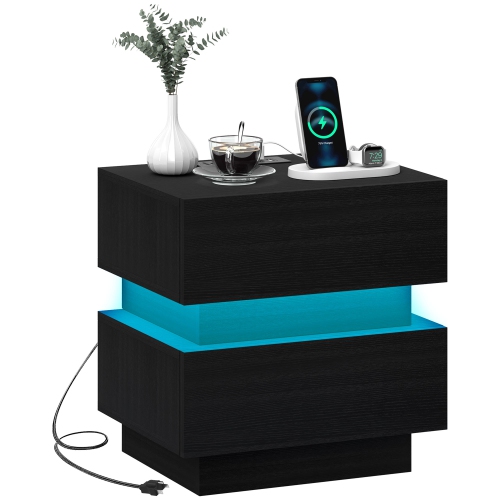 Table de chevet HOMCOM avec station de recharge et éclairage DEL, table de chevet avec ports USB et prises c.a., table d'appoint avec rangement et