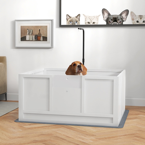 PawHut – Boîte de rangement pour chiens, chiot avec support à lumière rétractable, coussin étanche, rail, porte à hauteur réglable pour chiens de