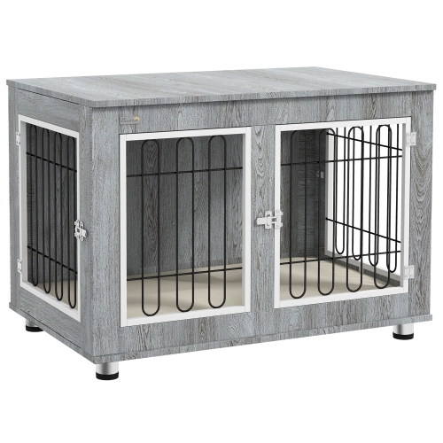 PawHut Pet Crate End Table with Soft Cushion, Double-Door Dog Crate Furniture for Medium Large Dogs, Wooden Wire Pet Kennel for Indoor Use, Grey