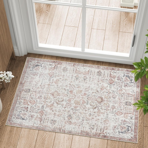NIERBO  2 X 3 Washable Rug - Entryway Rug Distressed Floral Rug Vintage Accent Door Mat Non Slip Rug Retro Farmhouse Boho Rug Low Pile Small Rug For