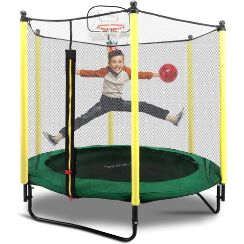 SereneLife 5ft Outdoor and Indoor Mini Toddler Trampoline with Enclosure Safety Net Basketball Hoop Jumping Fun Trampoline for Kids / Children, Baske