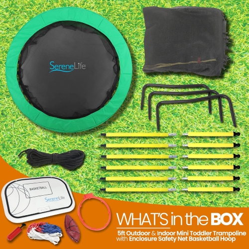 SereneLife 5ft Outdoor and Indoor Mini Toddler Trampoline with Enclosure Safety Net Basketball Hoop Jumping Fun Trampoline for Kids / Children,