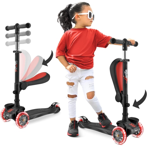 Hurtle 3-Wheeled Scooter for Kids - Wheel LED Lights, Adjustable Lean-to-Steer Handlebar, and Foldable Seat - Sit or Stand Ride with Brake for Boys