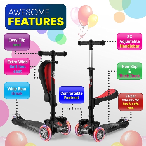 Hurtle 3-Wheeled Scooter for Kids - Wheel LED Lights, Adjustable Lean-to-Steer Handlebar, and Foldable Seat - Sit or Stand Ride with Brake for Boys