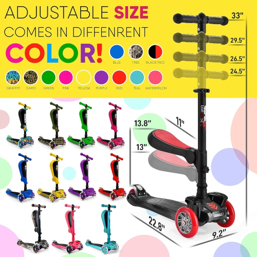 Hurtle 3-Wheeled Scooter for Kids - Wheel LED Lights, Adjustable Lean-to-Steer Handlebar, and Foldable Seat - Sit or Stand Ride with Brake for Boys