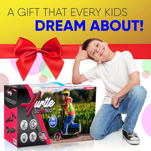 Hurtle 3-Wheeled Scooter for Kids - Wheel LED Lights, Adjustable Lean-to-Steer Handlebar, and Foldable Seat - Sit or Stand Ride with Brake for Boys