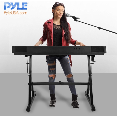 Pyle Port Universal Electronic Black Heavy-Duty Z Style Keyboard Organ Holder Rack Portable Piano Stand W/Adjustable Height and Width, Locking Wheels