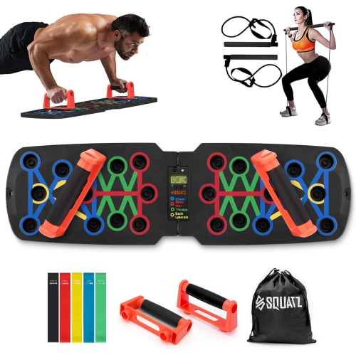 SQUATZ Portable Push Up Board Includes 5pcs. Resistance and Elastic Bands Pilates Rods Fitness Mat with Carrying Bag for Physical Therapy and