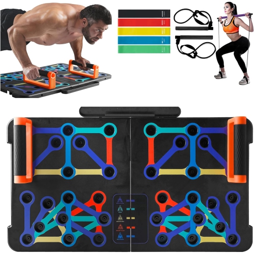 SQUATZ Portable Push Up Board - Push Up Bars Includes 5pcs. Resistance Bands and Pilates Rod - Work Out Equipment for Home Gym - Strength Training Eq