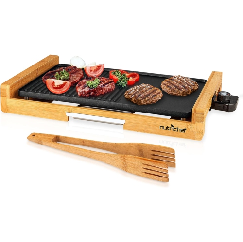 NUTRICHEF  Non-Stick Plate, Removable Grill & Griddle Plate, Smokeless Electric Bamboo Grill, Bbq Grill \w Temperature Control, Durable Quality