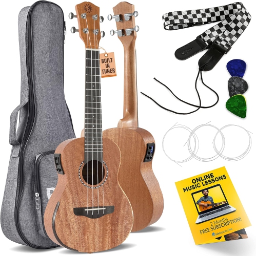 Pyle, 23" Acoustic Electric Ukulele-4String Professional Mahogany Tenor Ukulele w/Detachable Strap, 4 Celluloid Picks, Gig Bag, Cleaning Cloth, Strin