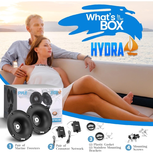 Pyle Marine Tweeter Speaker System, One Pair 1inch PEI Black Dome Tweeter with Horn Diffuser, 120 Watts Max Power with 4 Ohm Impedance, IP-X5 Marine