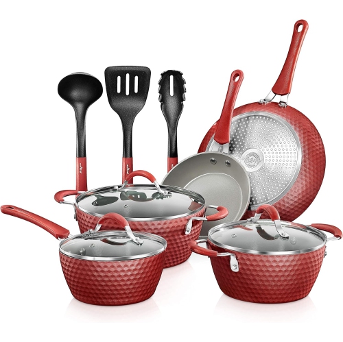 Image 1 of 5.. NutriChef 11-Pcs Non-Stick Kitchenware Pots & Pans - Stylish Kitchen Cookware Set w/Elegant Diamond Pattern, Gray Inside & Red Outside, Cool-Touch