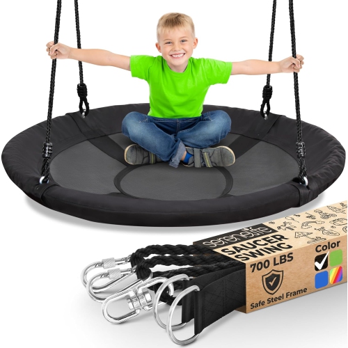 SERENELIFE  Saucer Swing With Hang Kit, Outdoor Tree Swing With Swivel Spinner for Kids (Black)