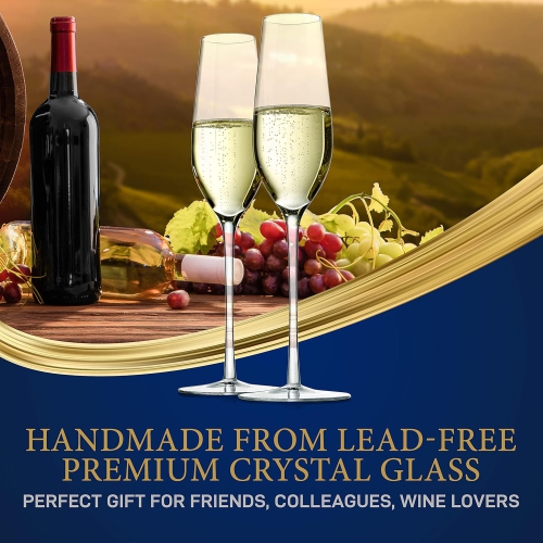 Flûtes à champagne à cristal 7 oz de Nutrichef - Ensemble de 2 verres à pied longs transparents avec bords étroits, bol sans joint, sans plomb