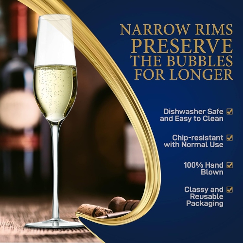 Flûtes à champagne à cristal 7 oz de Nutrichef - Ensemble de 2 verres à pied longs transparents avec bords étroits, bol sans joint, sans plomb