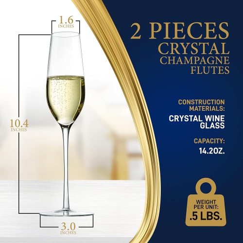 Flûtes à champagne à cristal 7 oz de Nutrichef - Ensemble de 2 verres à pied longs transparents avec bords étroits, bol sans joint, sans plomb