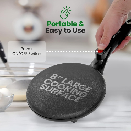 Crepe Maker - Cooks Crepes Bacon, Roti, Tortillas & Pancakes - Nonstick Cooktop - 8-inch Cook Area with On/Off Switch, Automatic Temperature Control