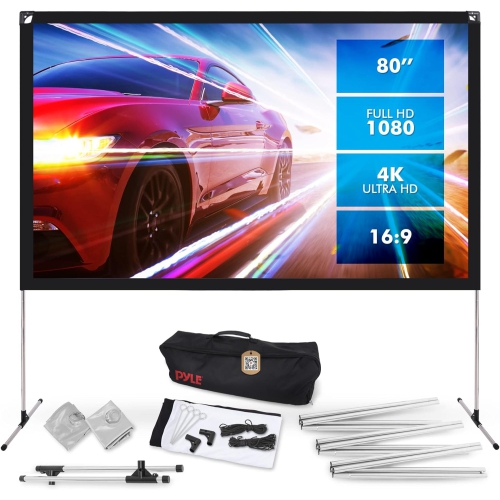 Écran de projection extérieur portatif et léger 80 po HD 16:9 4K de Pyle avec support, écran de projection de films d'intérieur pliable et cadre pour