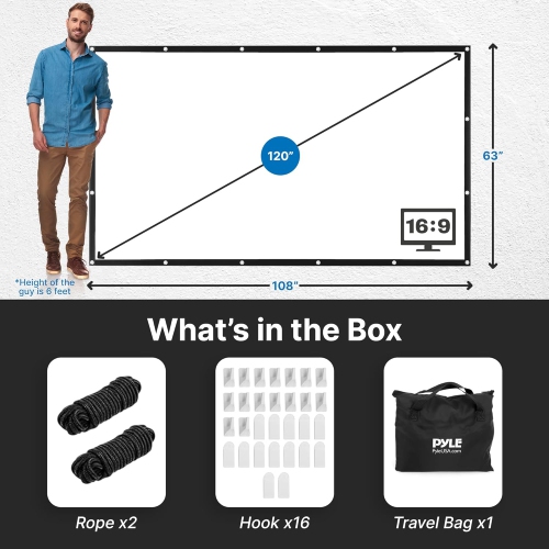 Pyle Foldable Portable Projector Screen - 120" 16:9 HD 4K Lightweight Indoor Outdoor Anti-Crease Movie Projection Display - for Home Theater, Party,