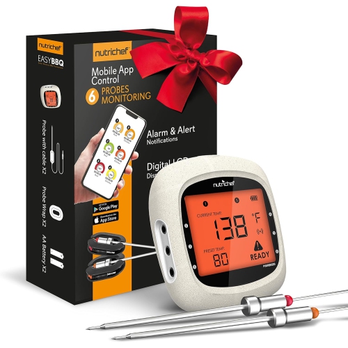NutriChef Bluetooth Meat Thermometer for Grilling and Smoking, up to 6 Temperature Probes and Smart APP, 400 Ft Range, LCD