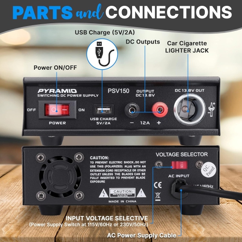 Pyramid Universal Compact Bench Power Supply- 12Amp Variable Linear Regulated Home Lab Benchtop AC-DC Power Converter - USB Port,Cigarette