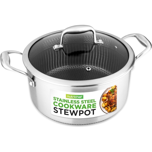 NutriChef 5 QT Stainless Steel Stew Pot - Triply Kitchenware Stew Pot with Glass Lid - DAKIN Etching Non-Stick Coating