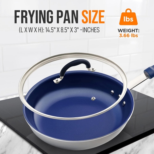 NutriChef 8" Fry Pan With Lid - Small Skillet Nonstick Frying Pan With Lid, Silicone Handle, Ceramic Coating, Blue Silicone Handle, Stain-Resistant