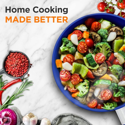 NutriChef 8" Fry Pan With Lid - Small Skillet Nonstick Frying Pan With Lid, Silicone Handle, Ceramic Coating, Blue Silicone Handle, Stain-Resistant