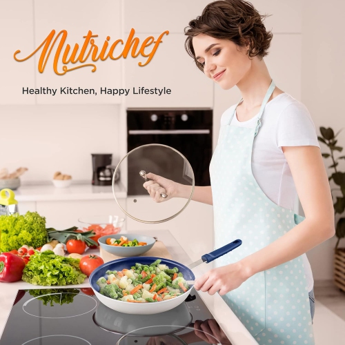 NutriChef 8" Fry Pan With Lid - Small Skillet Nonstick Frying Pan With Lid, Silicone Handle, Ceramic Coating, Blue Silicone Handle, Stain-Resistant