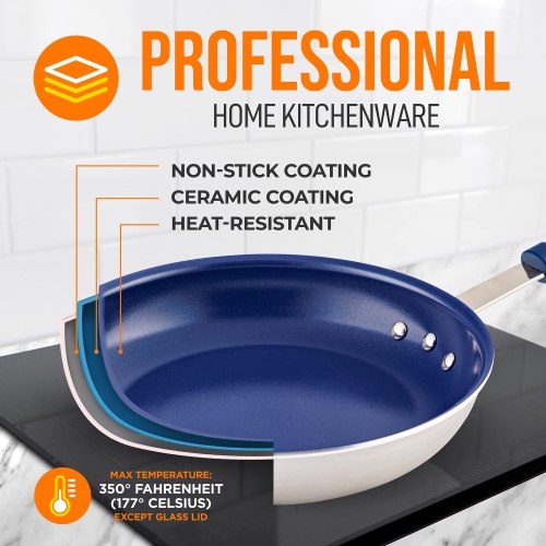 NutriChef 8" Fry Pan With Lid - Small Skillet Nonstick Frying Pan With Lid, Silicone Handle, Ceramic Coating, Blue Silicone Handle, Stain-Resistant