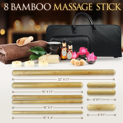 SereneLife Bamboo Massage Sticks Warmer Set - Portable Electric Massager Kit with Digital Temperature Controller, Heating Bag, 8 Massage Sticks
