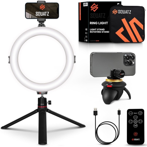 SQUATZ 8'' Small Ring Light for Desk with Stand and Phone Holder - 360 Rotating & Standard Desktop Tripod Kit - 14W Rotation Motion for Vloggers, Tik