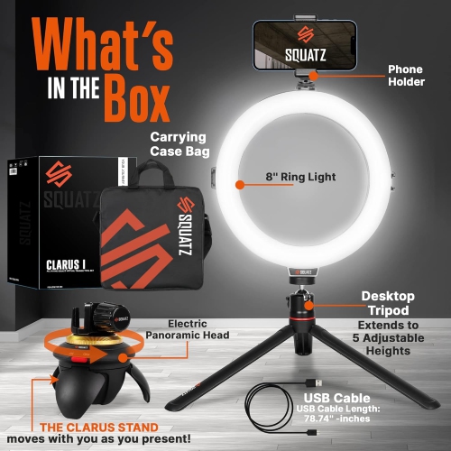 SQUATZ 8'' Small Ring Light for Desk with Stand and Phone Holder - 360 Rotating & Standard Desktop Tripod Kit - 14W Rotation Motion for Vloggers,