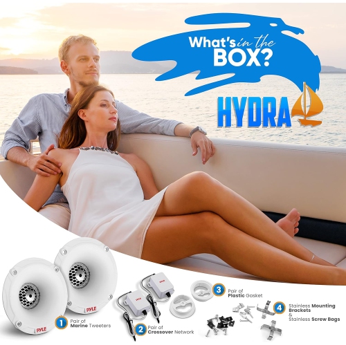 PyleUsa Marine Tweeter Speaker System, One Pair 1inch PEI White Dome Tweeter with Horn Diffuser, 120 Watts Max Power with 4 Ohm Impedance, IP-X5
