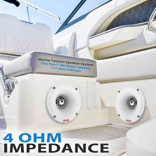 PyleUsa Marine Tweeter Speaker System, One Pair 1inch PEI White Dome Tweeter with Horn Diffuser, 120 Watts Max Power with 4 Ohm Impedance, IP-X5