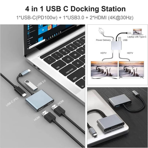 TUTT 4 In 1 4K Dual Monitor HDMI Video Type-C Hub Docking Station USB C To Dual 4K HDMI MST Adapter With 2 HDMI USB 3.0 and PD