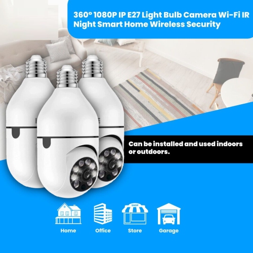 Light Bulb Security Camera, E27 WiFi Color Night 360 Degree Pan/Tilt Panoramic IP Camera, 2.4GHz 1080P Smart Home Surveillance Kids Cam with Motion