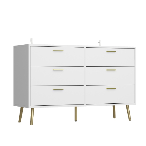 FAMAPY  6 Drawer Double Dresser Storage Chest Of Drawers, Wood Dresser Chest \w Gold Metal Legs for Bedroom, Living Room & Hallway, (47.2”L X