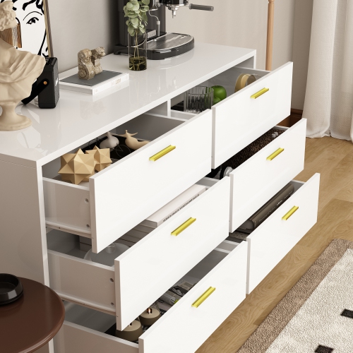 Famapy 6 Drawer Double Dresser Storage Chest of Drawers, Wood Dresser Chest with Gold Metal Legs for Bedroom,Living Room & Hallway, White