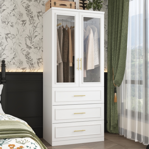 Famapy – Armoire élégante avec portes en verre, tiges à suspendre et tiroirs spacieux pour un rangement organisé pour chambre à coucher, blanc
