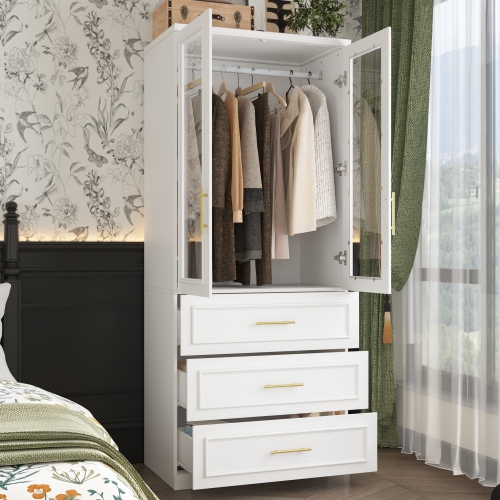 Famapy – Armoire élégante avec portes en verre, tiges à suspendre et tiroirs spacieux pour un rangement organisé pour chambre à coucher, blanc