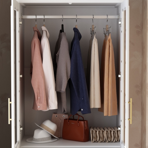 Famapy – Armoire élégante avec portes en verre, tiges à suspendre et tiroirs spacieux pour un rangement organisé pour chambre à coucher, blanc