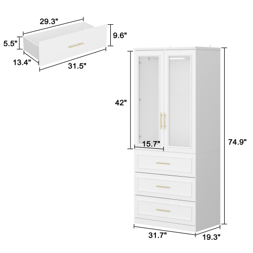 Famapy – Armoire élégante avec portes en verre, tiges à suspendre et tiroirs spacieux pour un rangement organisé pour chambre à coucher, blanc