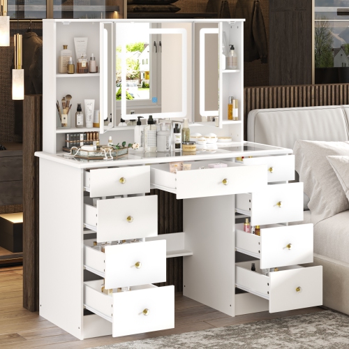 Famapy Vanity Desk Set Makeup Table with Large Three-color Illuminated Mirror, Dressing Table with 9 Drawers, Storage Shelves for Bedroom(43.3" W x