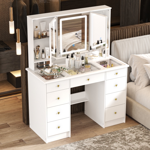 Famapy Vanity Desk Set Makeup Table with Large Three-color Illuminated Mirror, Dressing Table with 9 Drawers, Storage Shelves for Bedroom(43.3" W x