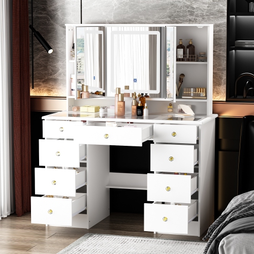Famapy Vanity Desk Set Makeup Table with Large Three-color Illuminated Mirror, Dressing Table with 9 Drawers, Storage Shelves for Bedroom(43.3" W x