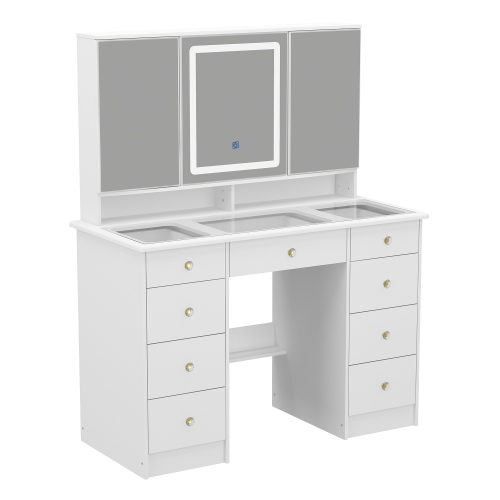 Famapy Vanity Desk Set Makeup Table with Large Three-color Illuminated Mirror, Dressing Table with 9 Drawers, Storage Shelves for Bedroom(43.3" W x