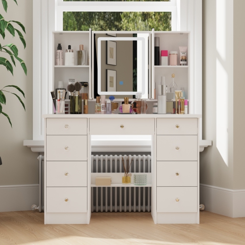 Famapy Vanity Desk Set Makeup Table with Large Three-color Illuminated Mirror, Dressing Table with 9 Drawers, Storage Shelves for Bedroom(43.3" W x